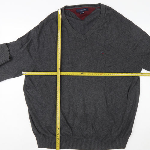 Tommy Hilfiger Men Grey XL V-Neck Cotton Jumper Classic Knit