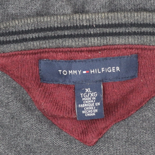 Tommy Hilfiger Men Grey XL V-Neck Cotton Jumper Classic Knit