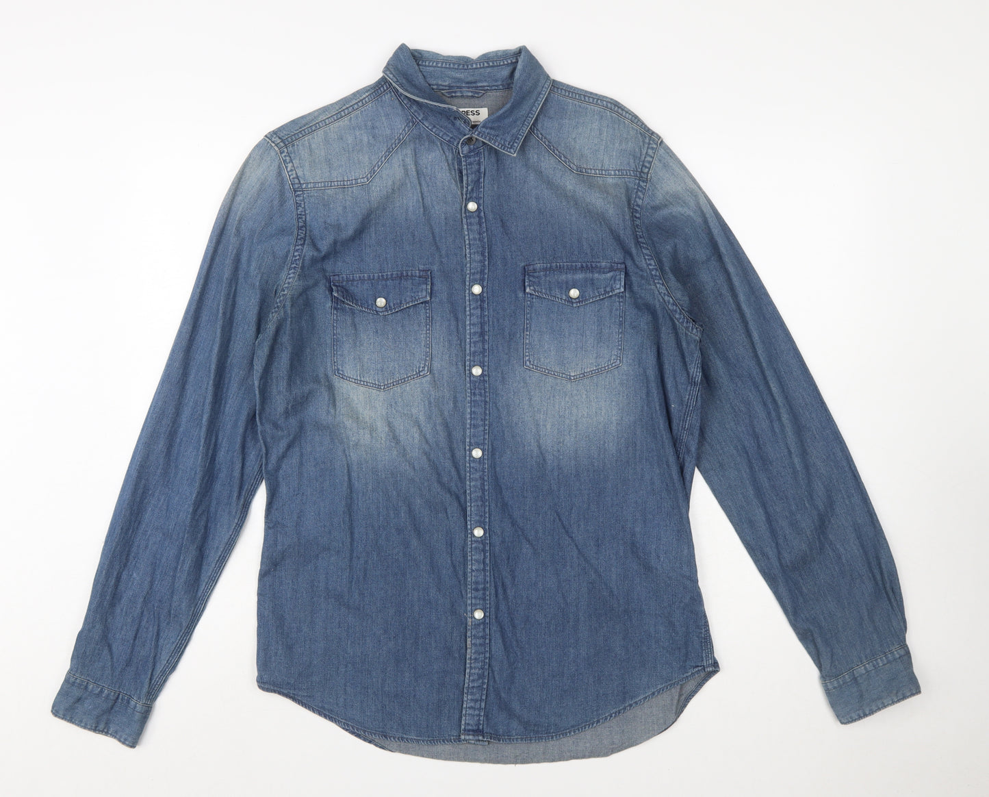 Express Men's Blue Denim Long Sleeve Button-Up Western Shirt Size M