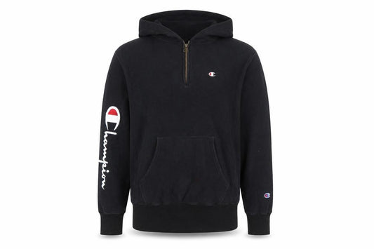 Front view of Champion Men Black Reverse Weave 1/2 Zip Hoodie Medium Sportswear