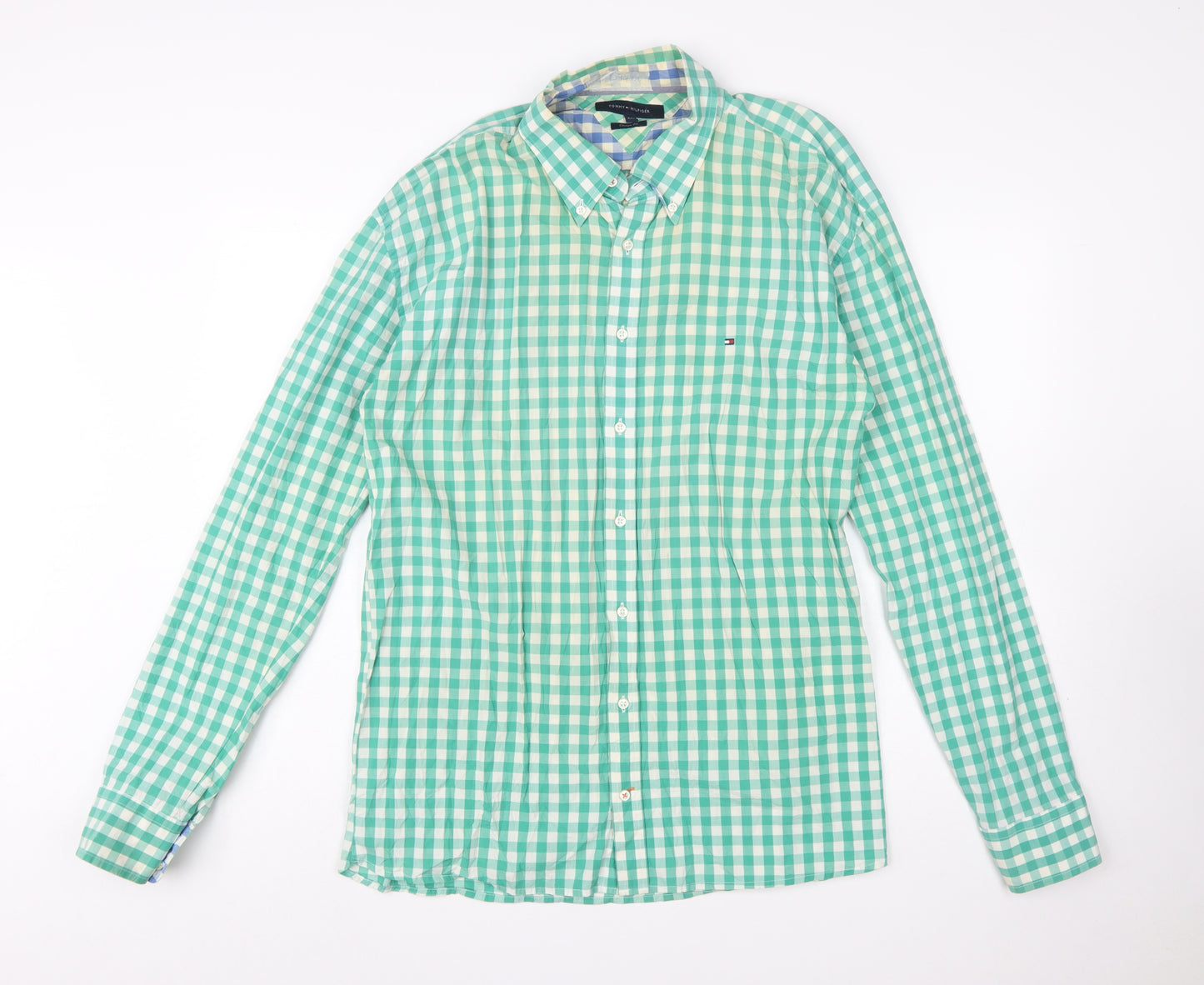 Tommy Hilfiger Men's Green Check 2XL Button-Down Cotton Shirt