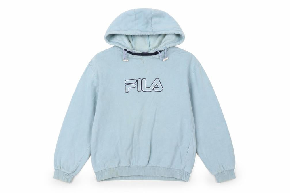 Front view of Fila boys’ light blue pullover hoodie age 10 logo fleece cotton blend