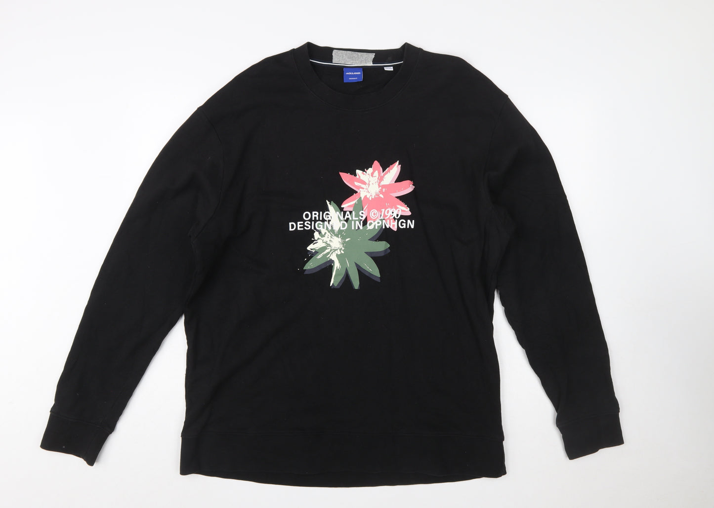 Jack & Jones Originals Men's Black 2XL Graphic Flower Crew Sweatshirt