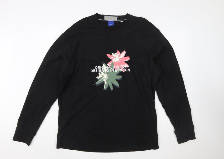 Jack & Jones Originals Men's Black 2XL Graphic Flower Crew Sweatshirt