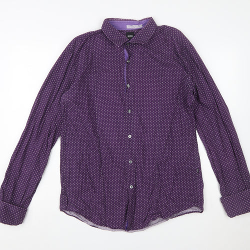 Hugo Boss Men's Purple Polka Dot Slim Fit Long Sleeve Shirt XL