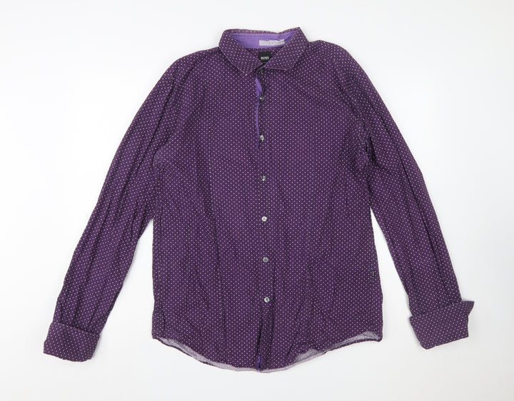 Hugo Boss Men's Purple Polka Dot Slim Fit Long Sleeve Shirt XL