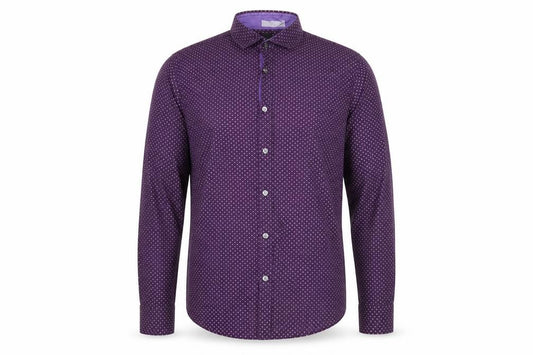 Front view of Hugo Boss Men's Purple Polka Dot Slim Fit Long Sleeve Shirt XL