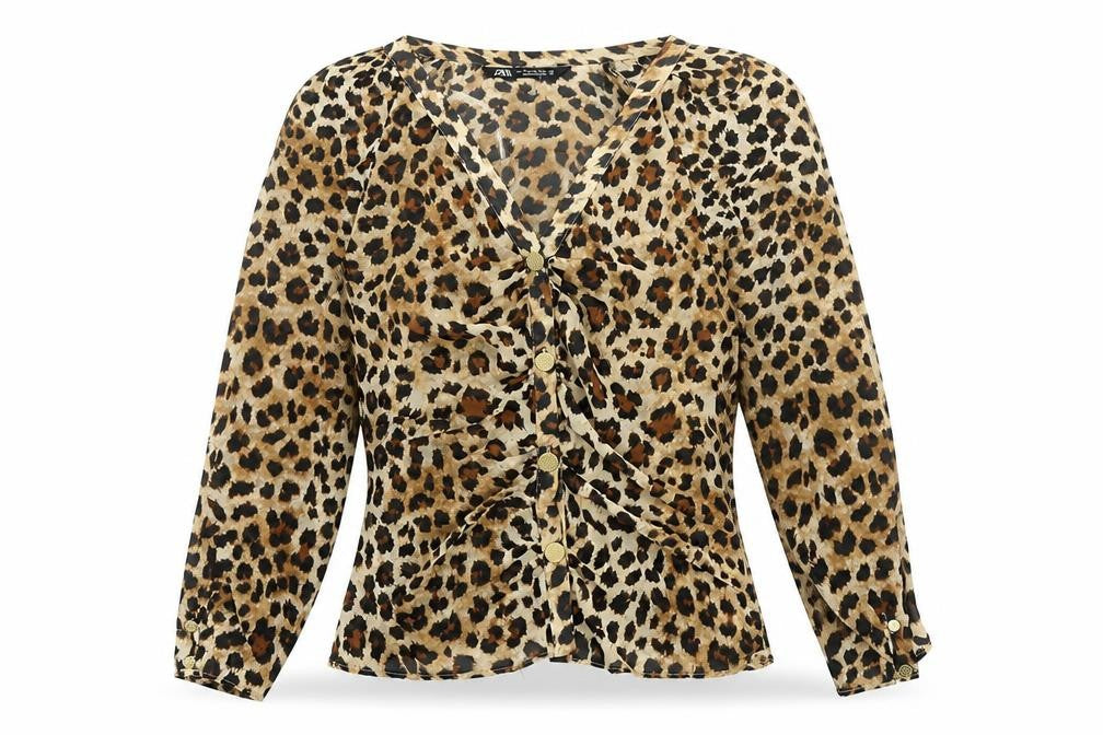 Front view of Zara Women's Brown Leopard Print Wrap Blouse XS