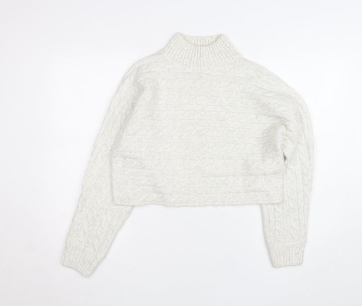 New Look Women's White Cable-Knit High Neck Jumper Size M