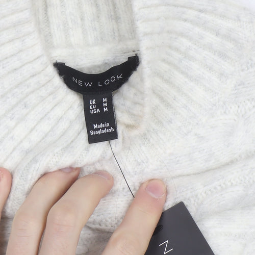New Look Women's White Cable-Knit High Neck Jumper Size M