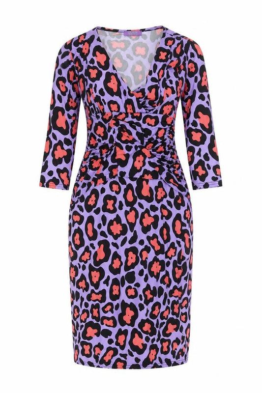 Front view of Onjenu London Women’s Purple Leopard Ruched Bodycon Dress, size UK 10