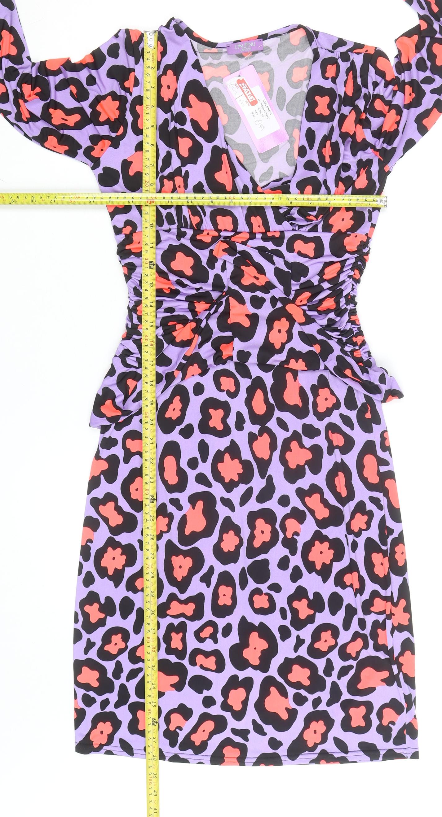 Onjenu London Women’s Purple Leopard Ruched Bodycon Dress Size 10