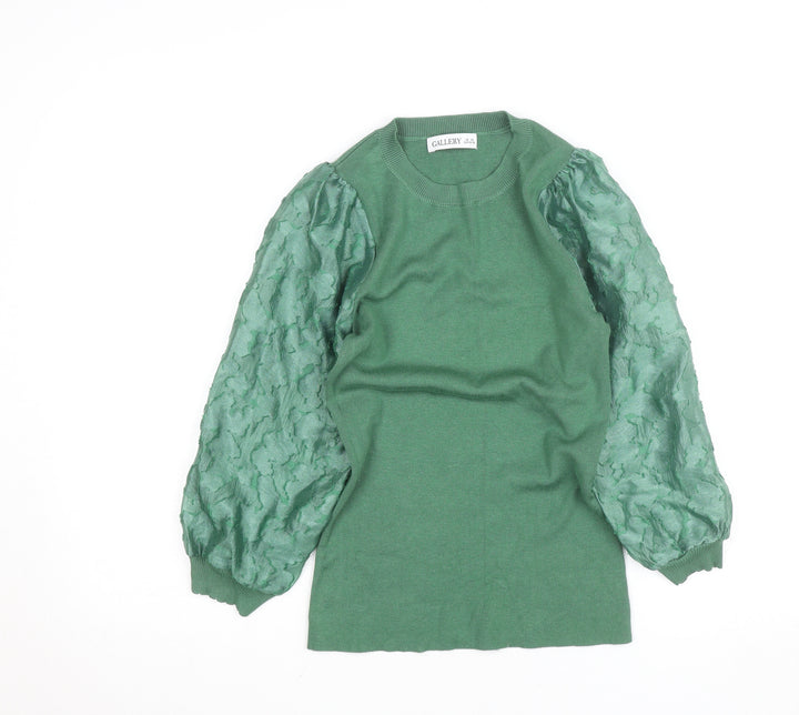 Gallery Women Green Puff Sleeve Knit Top XS Crew Neck Elegant Style
