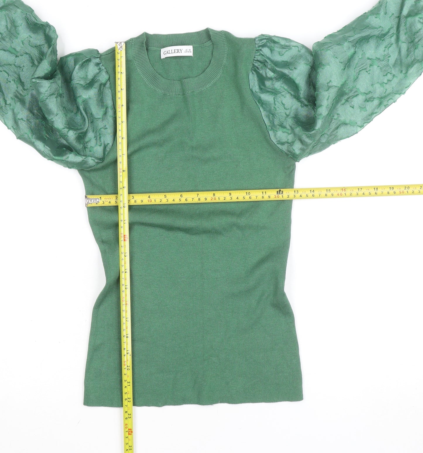 Gallery Women Green Puff Sleeve Knit Top XS Crew Neck Elegant Style