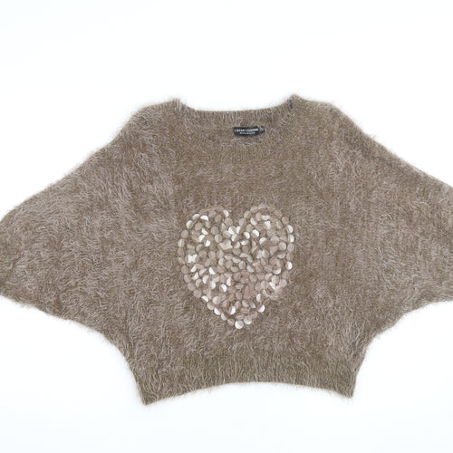 Cherry Couture Women Beige Fuzzy Sequin Heart Jumper Size M
