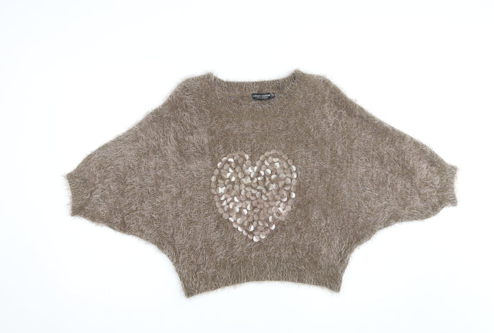 Cherry Couture Women Beige Fuzzy Sequin Heart Jumper Size M