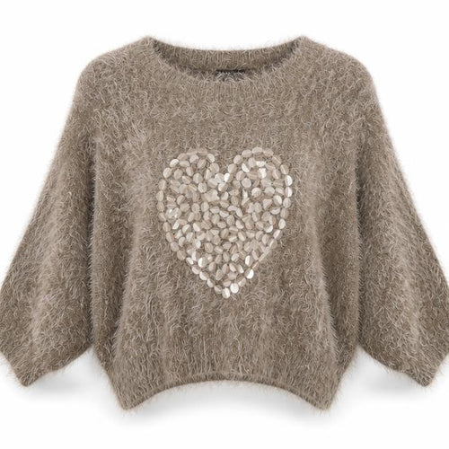 Cherry Couture Women Beige Fuzzy Sequin Heart Jumper Size M