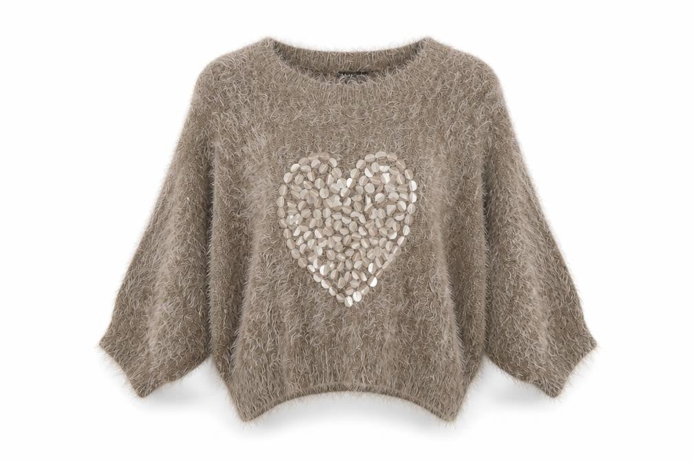 Cherry Couture Women Beige Fuzzy Sequin Heart Jumper Size M