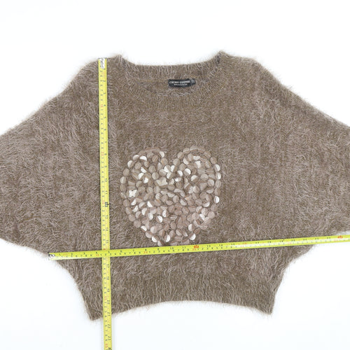 Cherry Couture Women Beige Fuzzy Sequin Heart Jumper Size M
