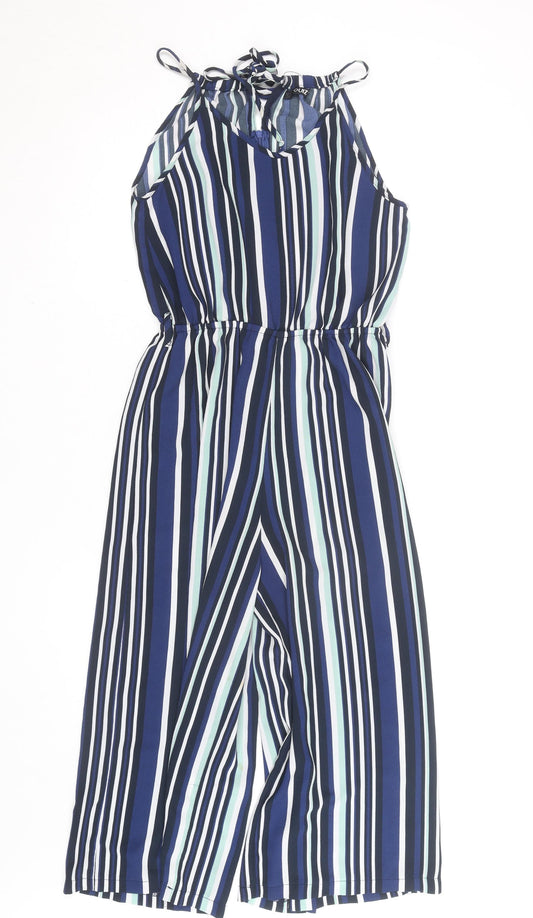 Quiz Women Blue Striped Halter Jumpsuit Size 12 Wide-Leg Crepe