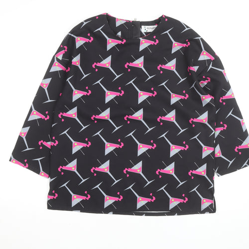 Minueto Women’s Black Cocktail Print Long Sleeve Blouse Size L