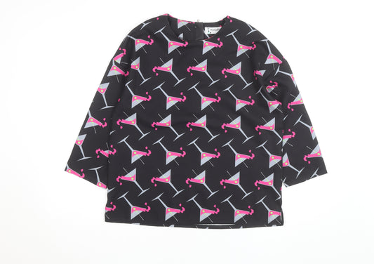 Minueto Women’s Black Cocktail Print Long Sleeve Blouse Size L