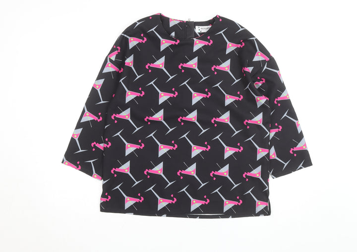 Minueto Women’s Black Cocktail Print Long Sleeve Blouse Size L