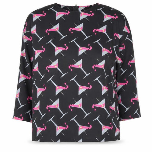 Minueto Women’s Black Cocktail Print Long Sleeve Blouse Size L