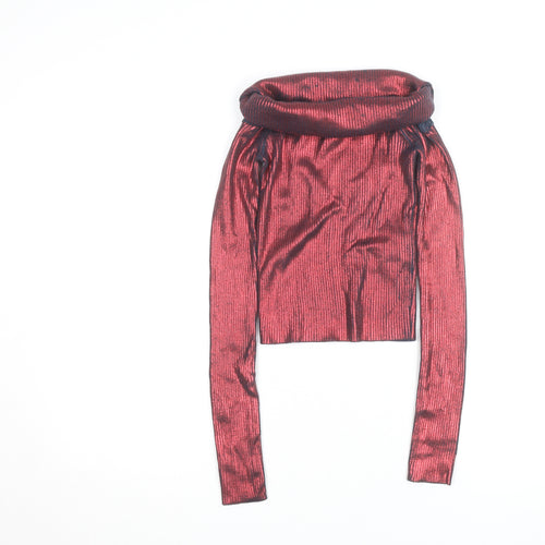 Zara Women’s Red Metallic Ribbed Roll Neck Cropped Top Size S