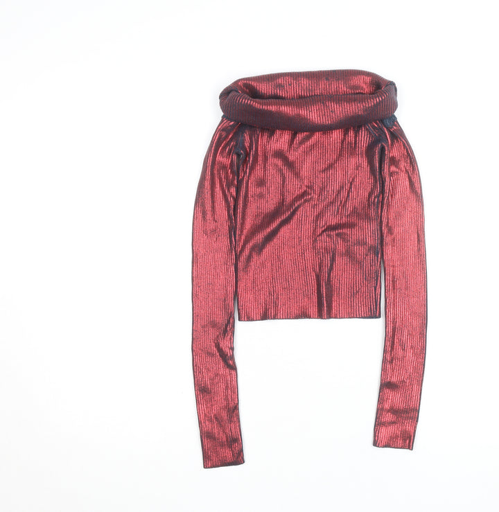 Zara Women’s Red Metallic Ribbed Roll Neck Cropped Top Size S