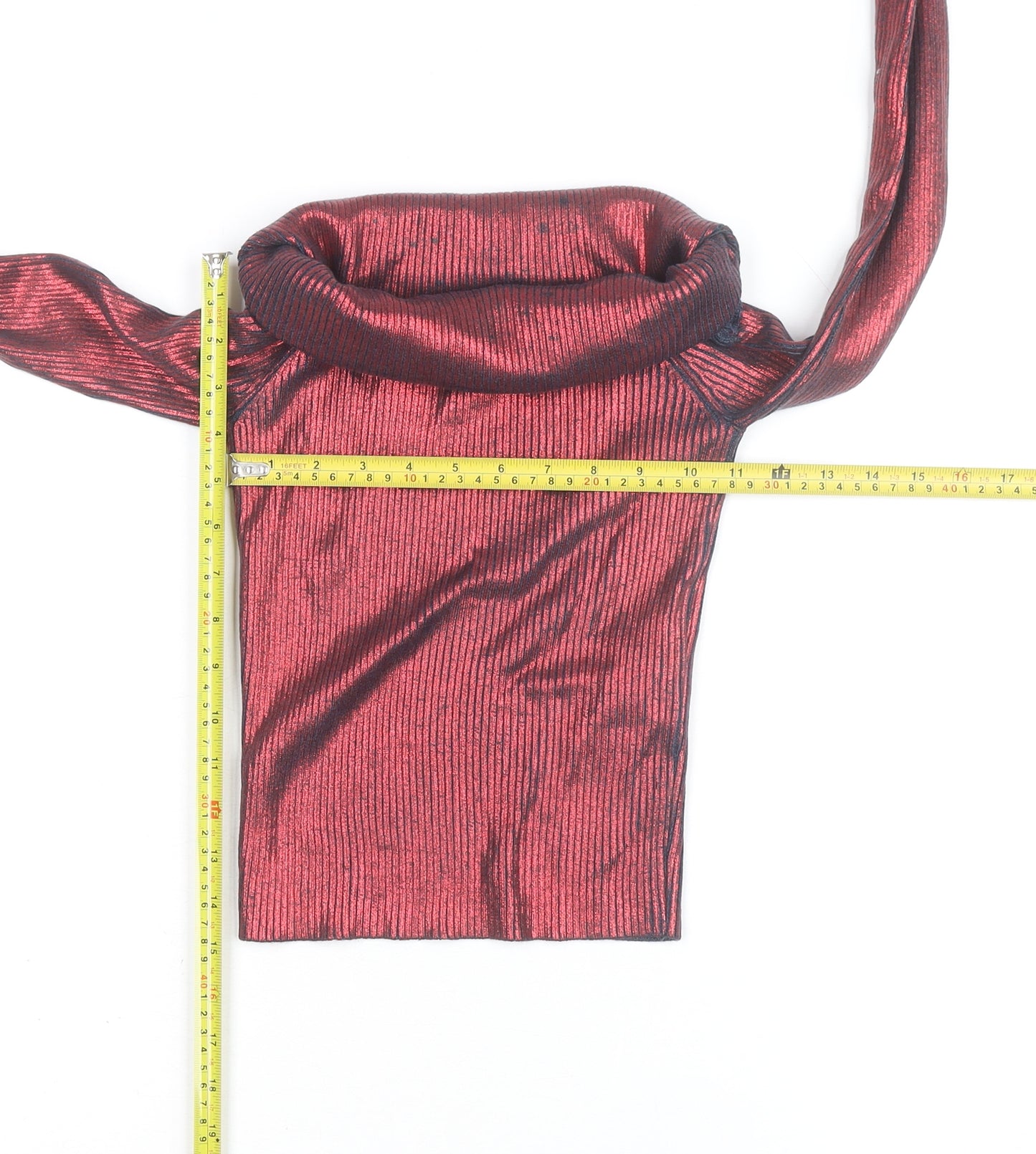 Zara Women’s Red Metallic Ribbed Roll Neck Cropped Top Size S