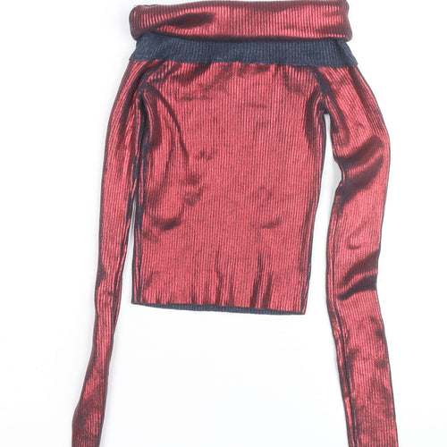 Zara Women’s Red Metallic Ribbed Roll Neck Cropped Top Size S
