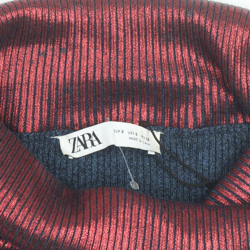 Zara Women’s Red Metallic Ribbed Roll Neck Cropped Top Size S