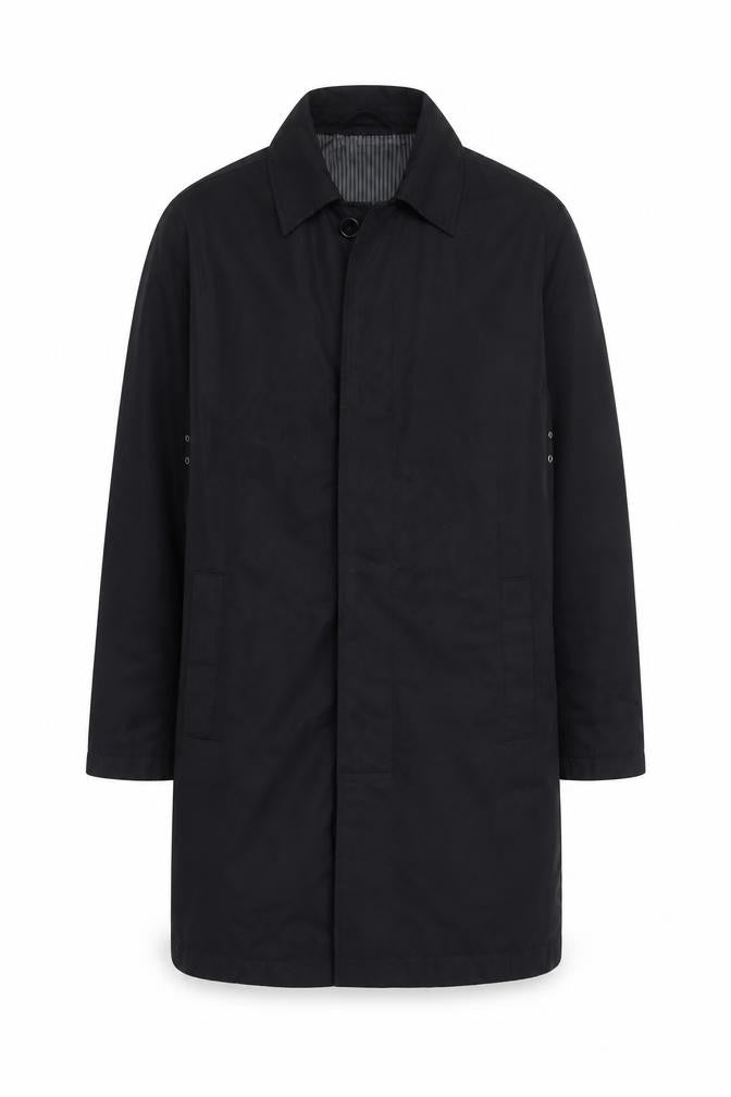 Front view of Butler & Webb Men's Black Cotton Blend Long Overcoat S