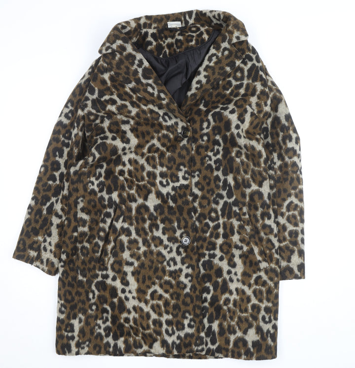 PEP Women’s Brown Leopard Print Wool Blend Mid-Length Coat L