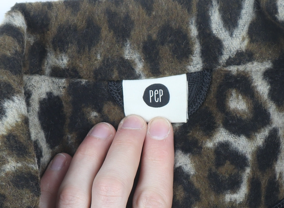 PEP Women’s Brown Leopard Print Wool Blend Mid-Length Coat L