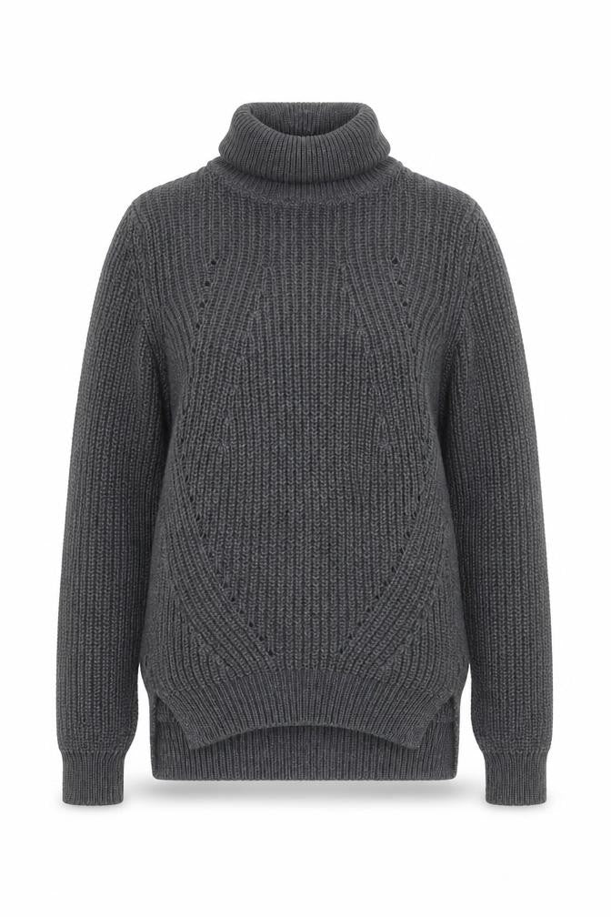 Front view of Noisy May Women Grey Roll Neck Chunky Knit Jumper, size S