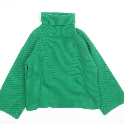 H&M Women's Green Wool Roll Neck Jumper Size S Relaxed Fit