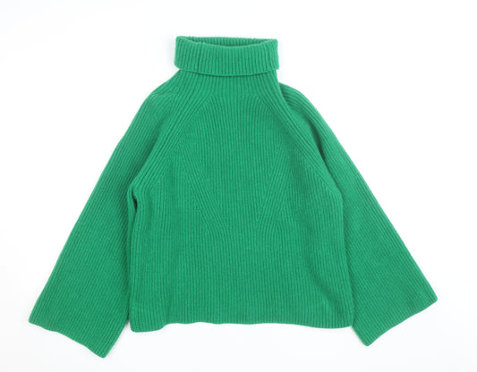 H&M Women's Green Wool Roll Neck Jumper Size S Relaxed Fit
