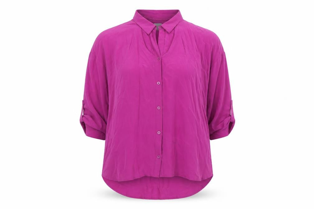 Front view of Maeve Women's Purple Rayon Tunic Blouse L 3/4 Sleeve Collared