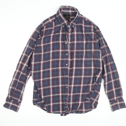 Simon Carter Men's Blue Checked Cotton Button-Down Shirt L