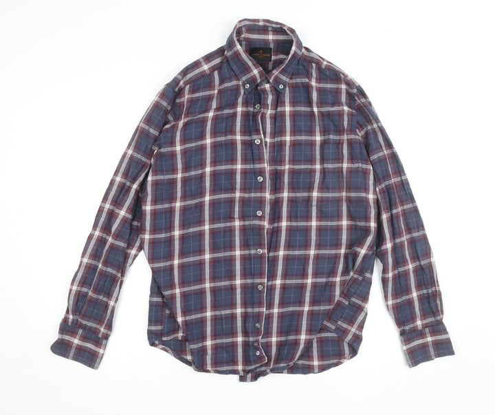 Simon Carter Men's Blue Checked Cotton Button-Down Shirt L