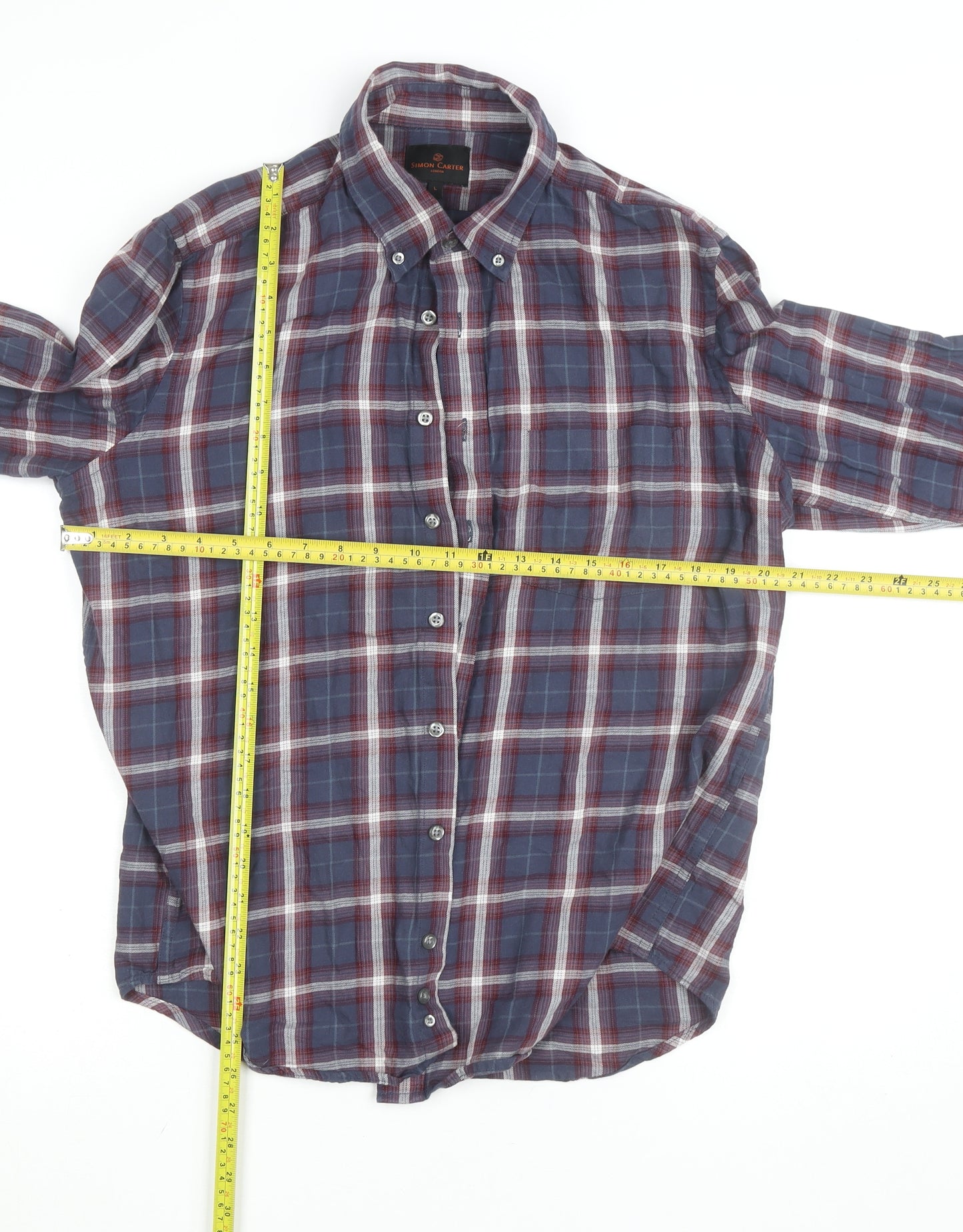 Simon Carter Men's Blue Checked Cotton Button-Down Shirt L