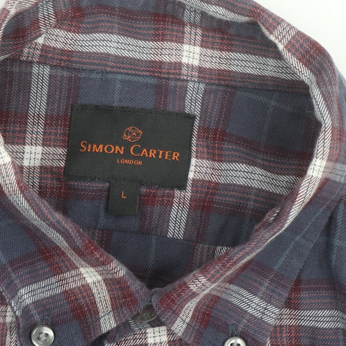 Simon Carter Men's Blue Checked Cotton Button-Down Shirt L