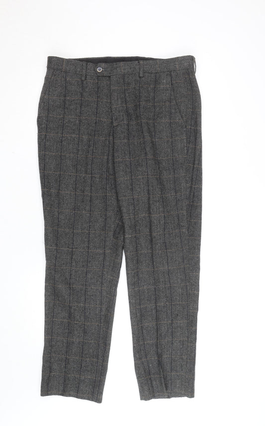 Farbo Men's Grey Wool Blend Checked Dress Trousers 34R