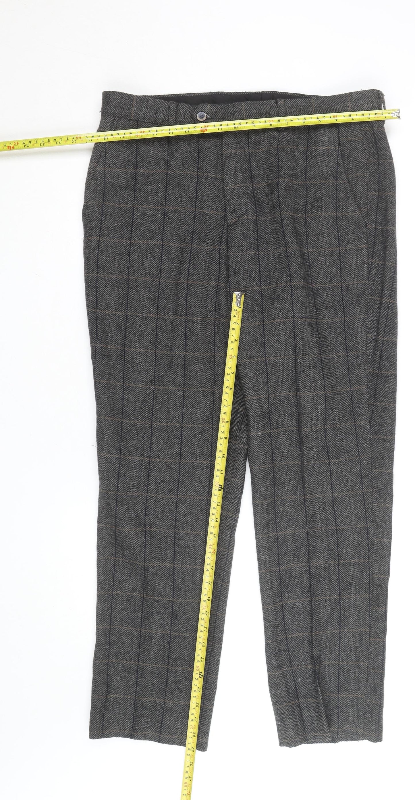 Farbo Men's Grey Wool Blend Checked Dress Trousers 34R