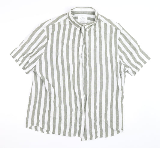 Marks and Spencer Unisex White Striped Linen Blend Short Sleeve Shirt XL