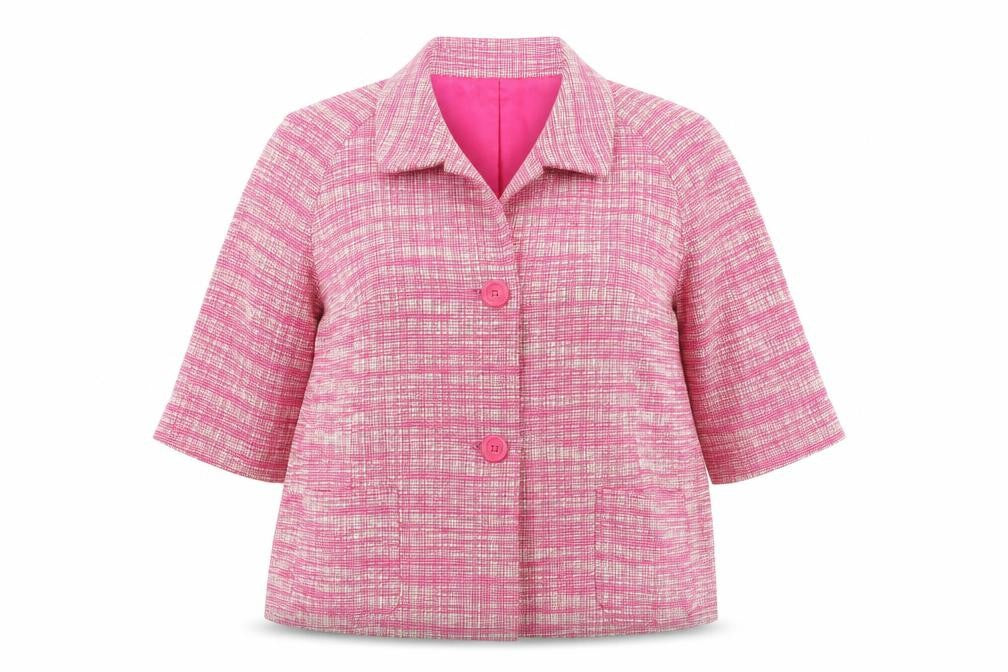 Front view of Betty Jackson Studio Women Pink Check Cropped Jacket, size 16, Cotton Lined