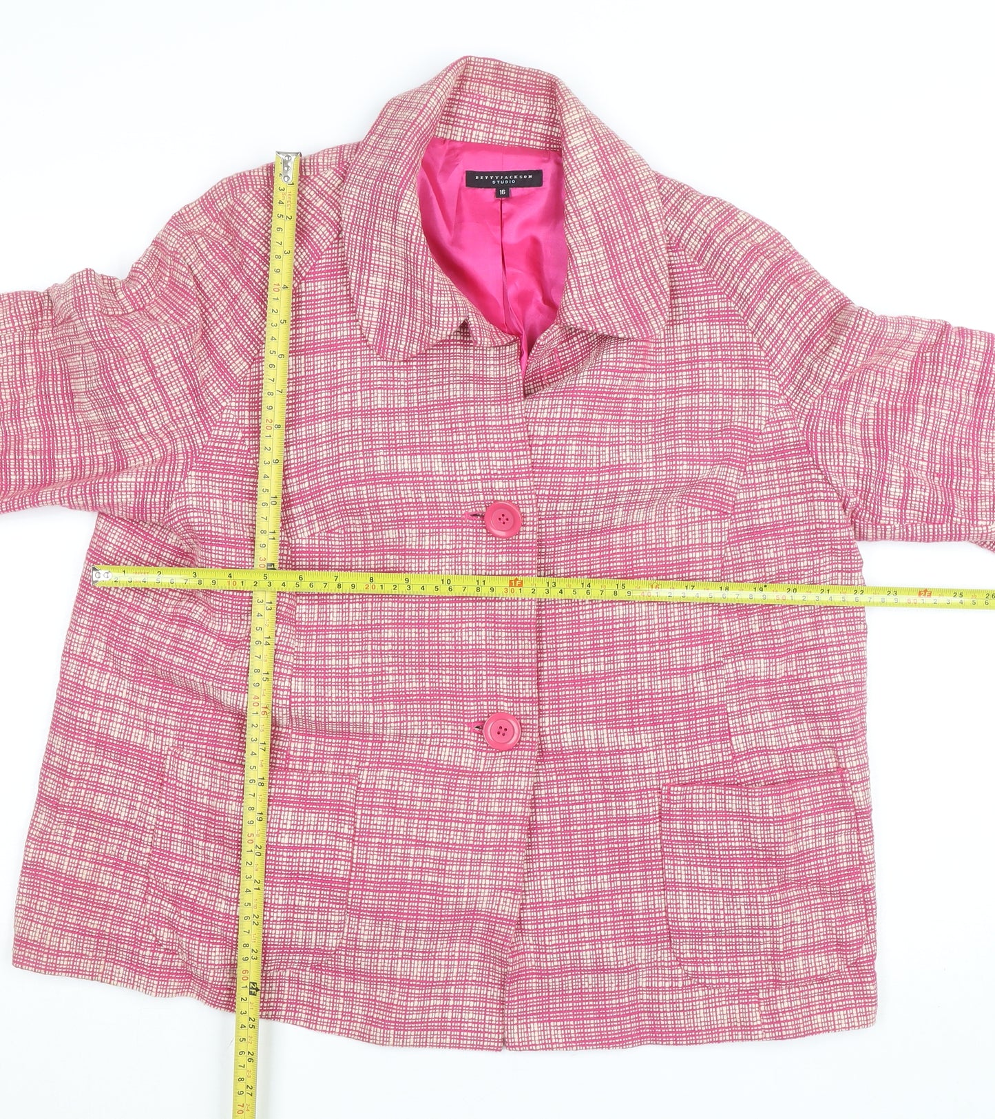 Betty Jackson Studio Women Pink Check Cropped Jacket Size 16 Cotton Lined