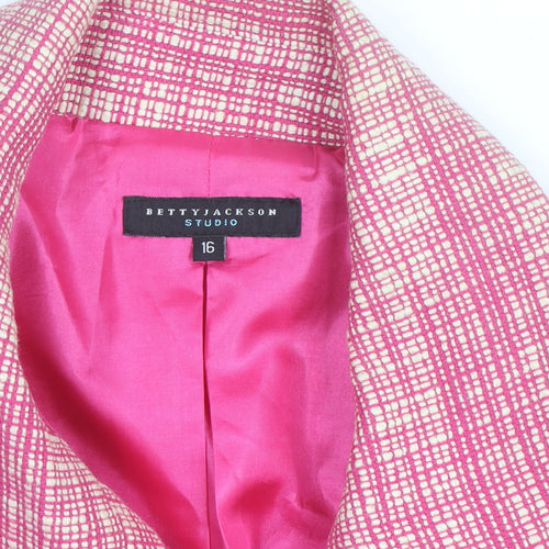 Betty Jackson Studio Women Pink Check Cropped Jacket Size 16 Cotton Lined